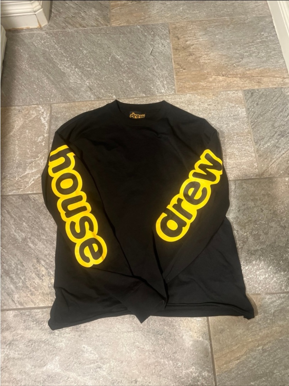 drew house Black Long Sleeve Tee with Yellow Sleeve Logos